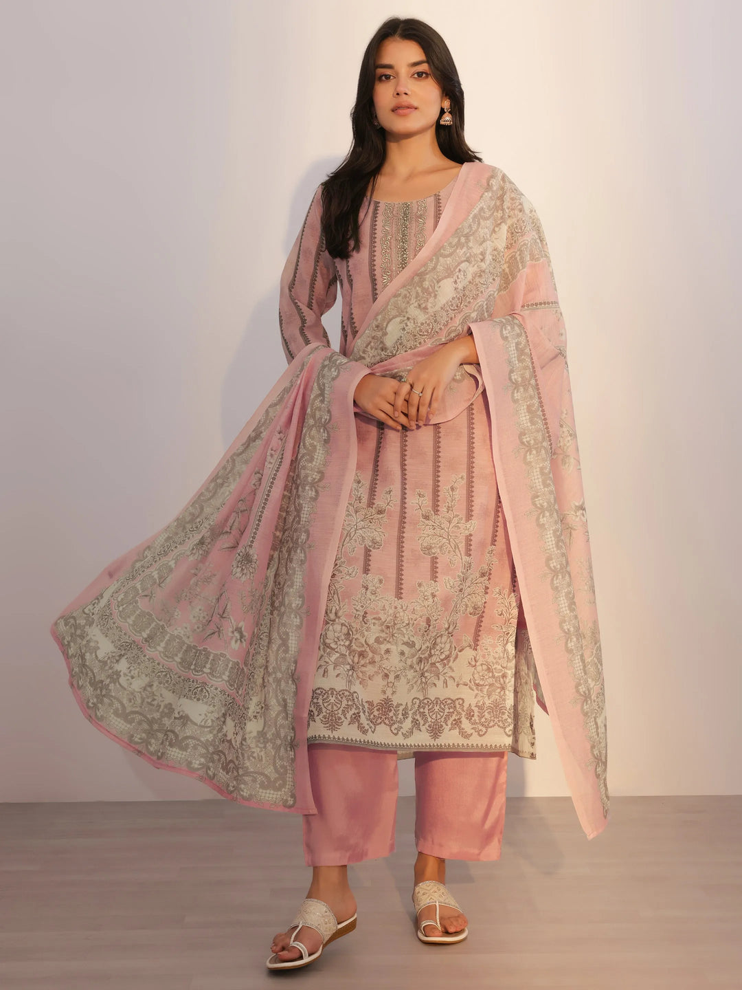  Pink Printed Linen Straight Suit With Dupatta 