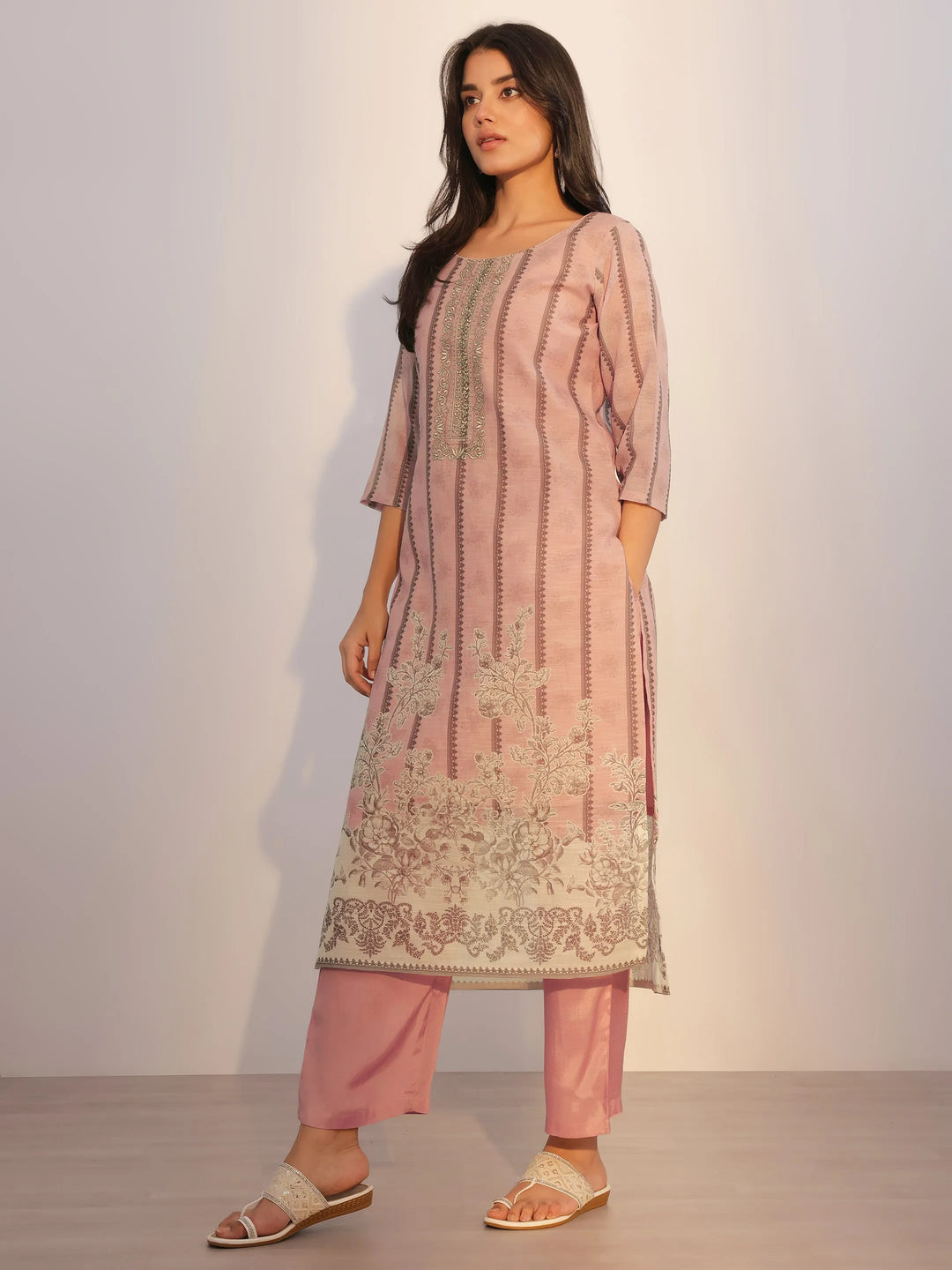  Pink Printed Linen Straight Suit With Dupatta 