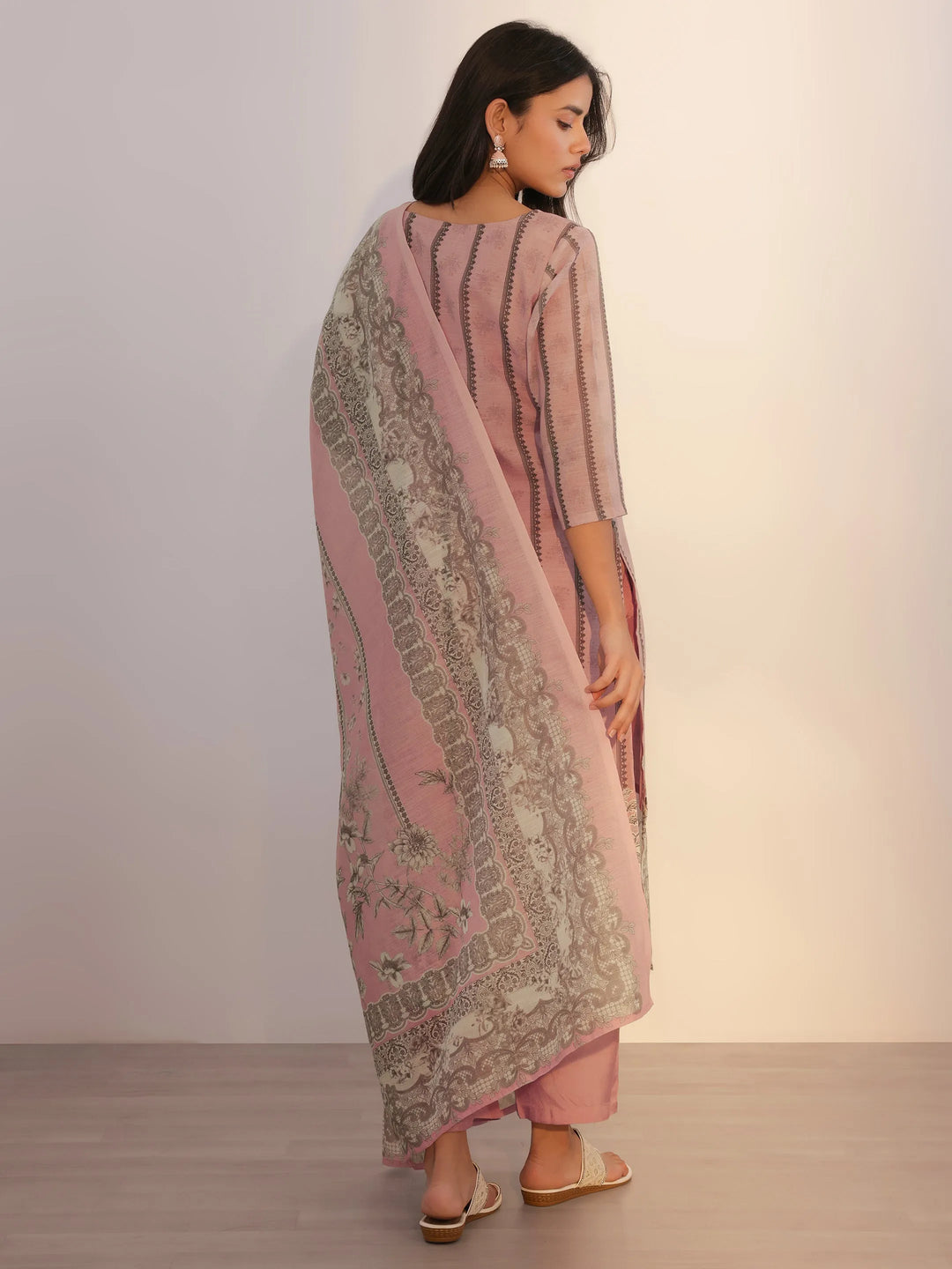  Pink Printed Linen Straight Suit With Dupatta 