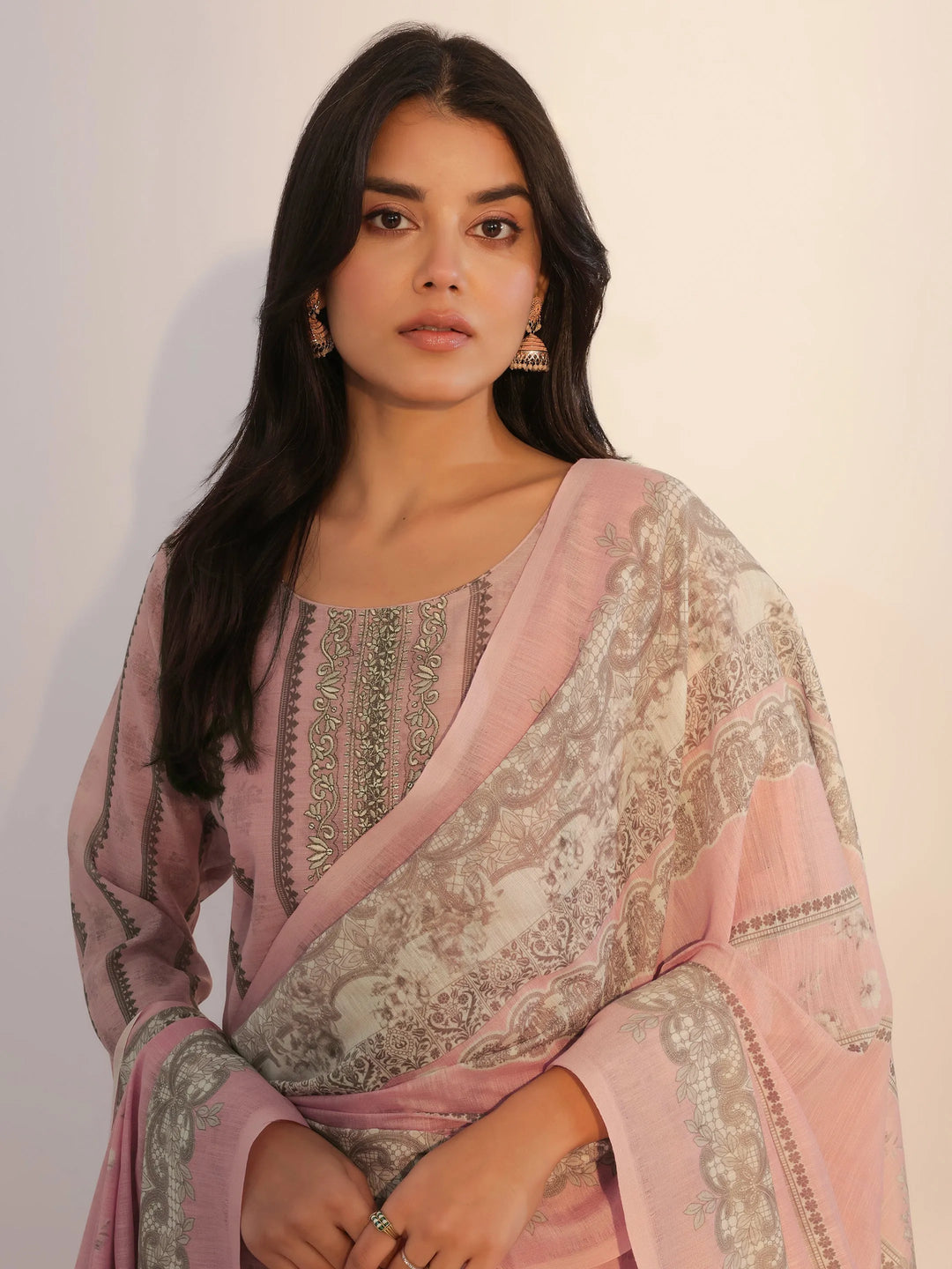  Pink Printed Linen Straight Suit With Dupatta 