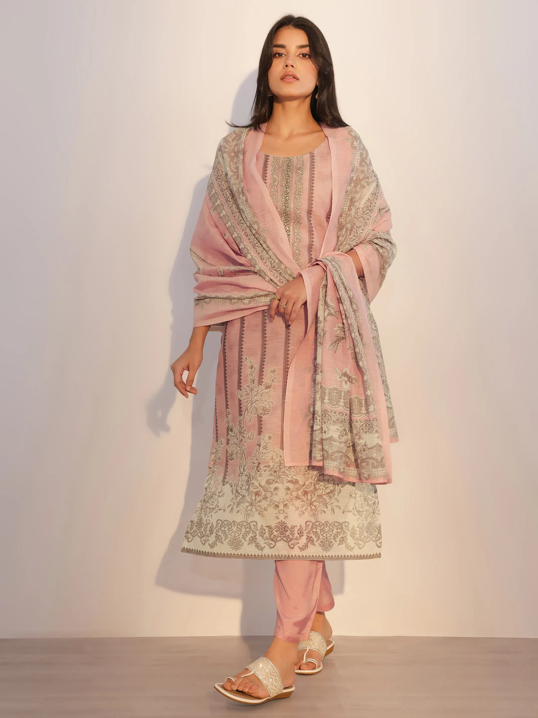  Pink Printed Linen Straight Suit With Dupatta 
