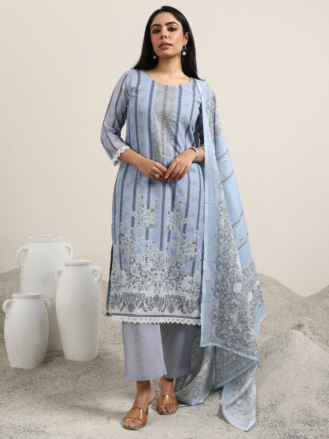  Blue Printed Linen Straight Suit With Dupatta 