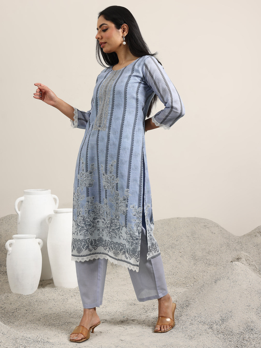  Blue Printed Linen Straight Suit With Dupatta 