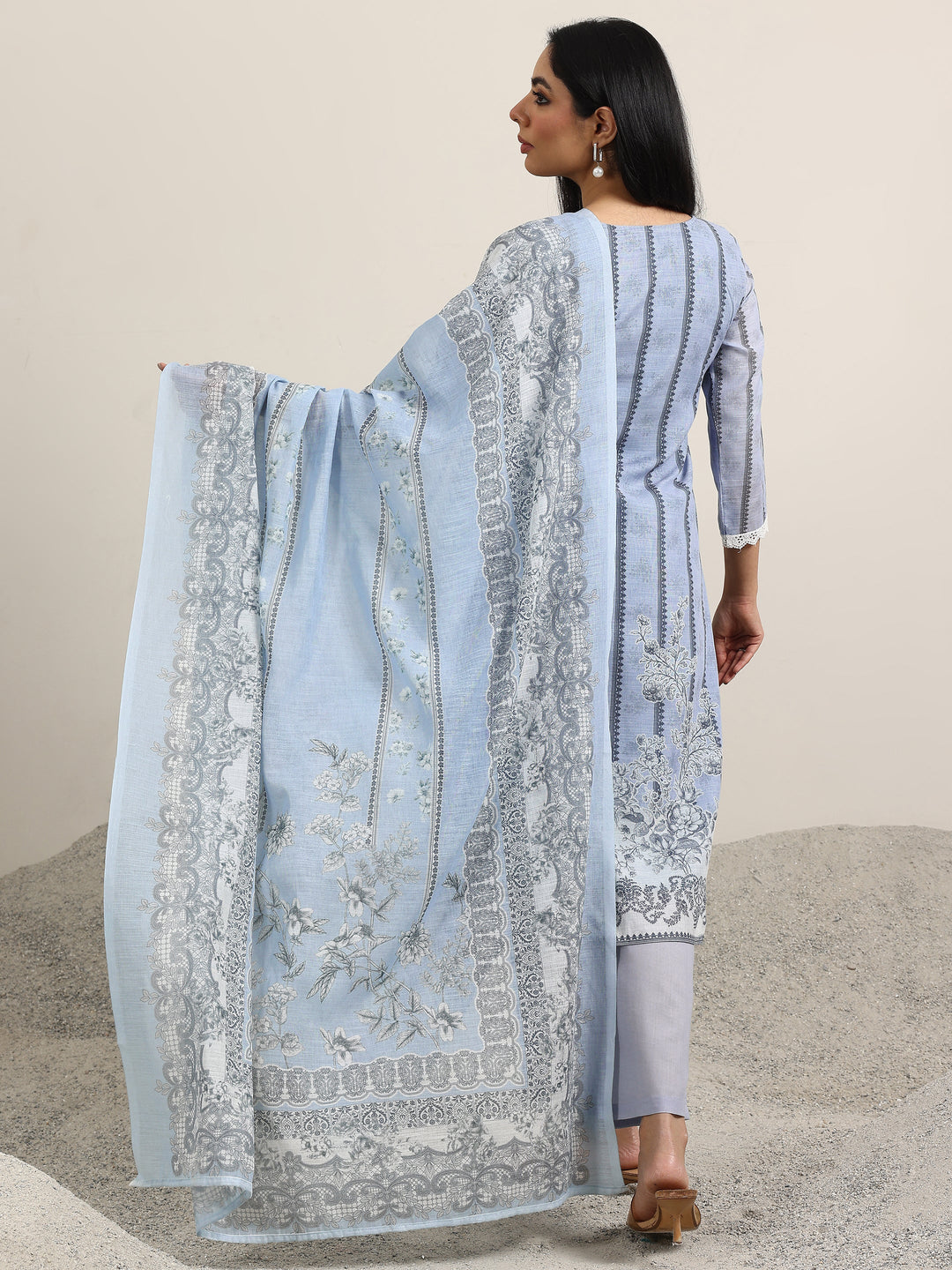  Blue Printed Linen Straight Suit With Dupatta 