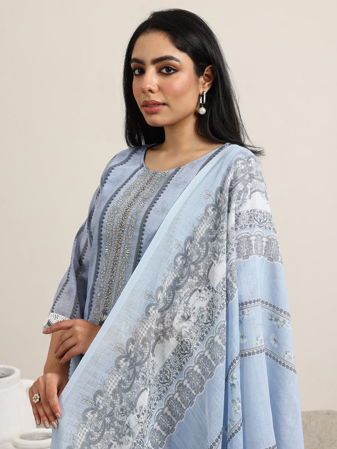  Blue Printed Linen Straight Suit With Dupatta 