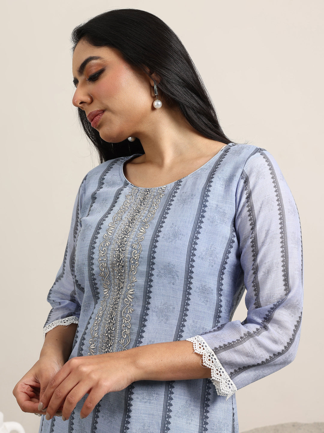  Blue Printed Linen Straight Suit With Dupatta 
