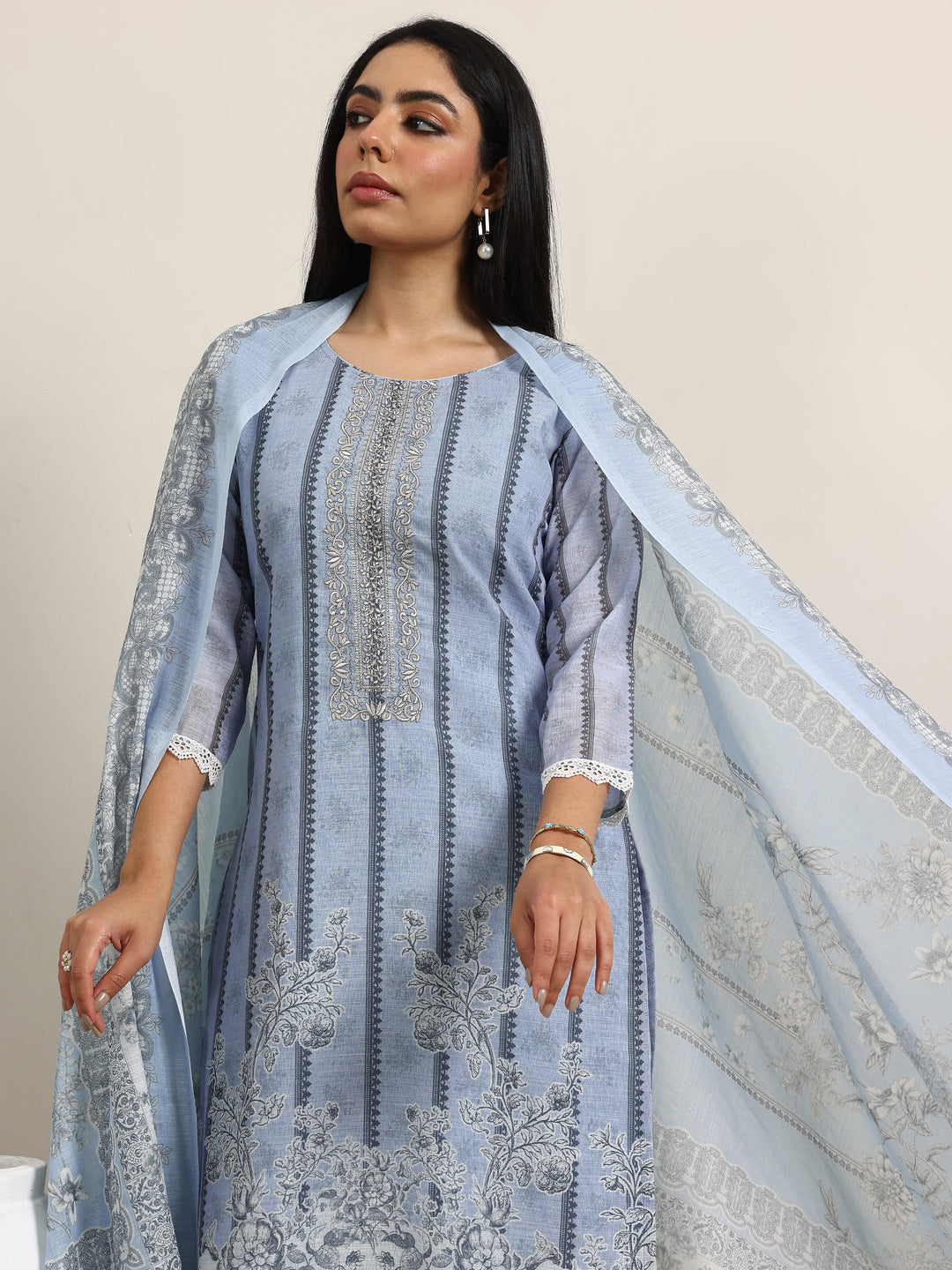  Blue Printed Linen Straight Suit With Dupatta 