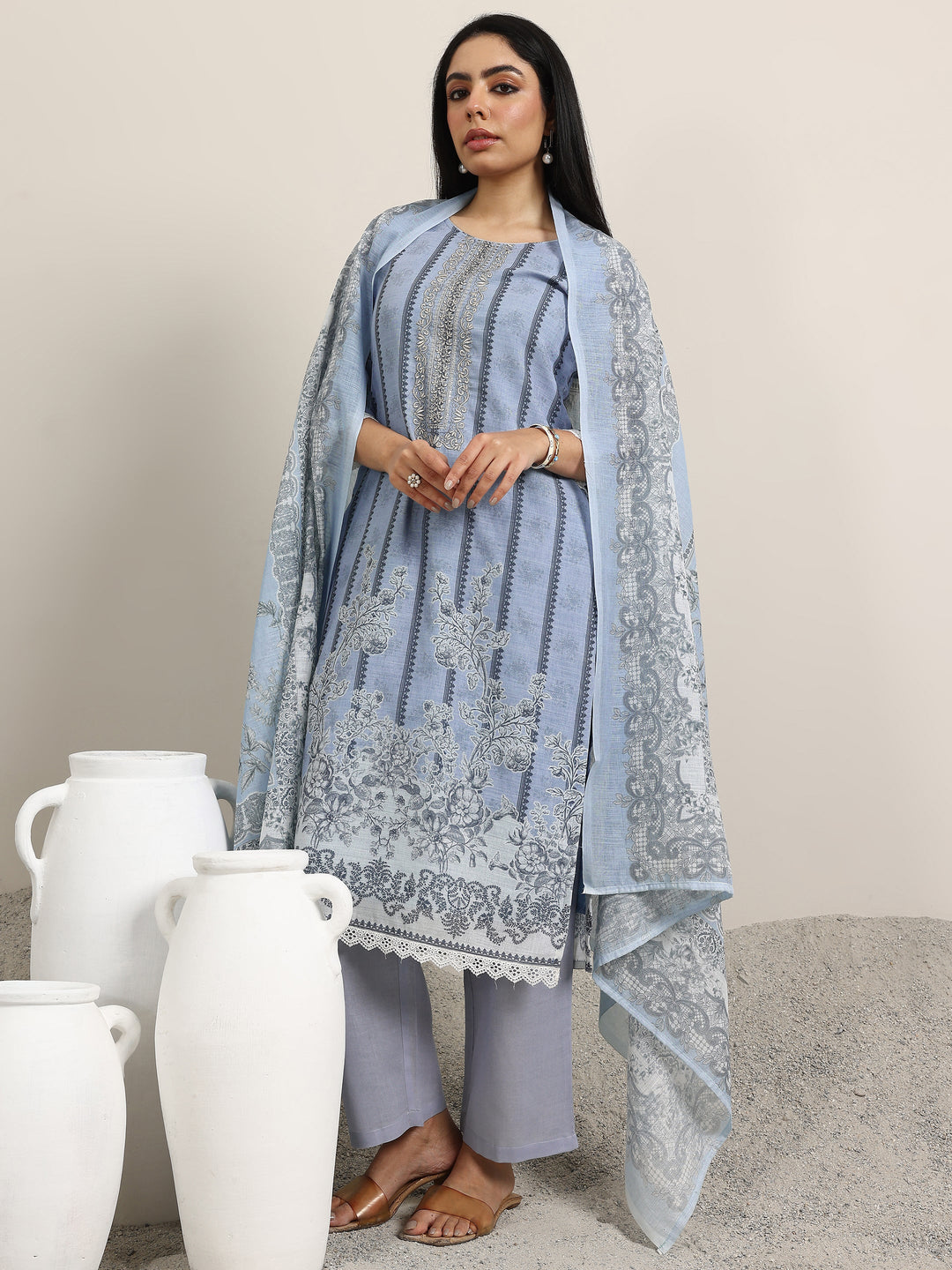 Blue Printed Linen Straight Suit With Dupatta 