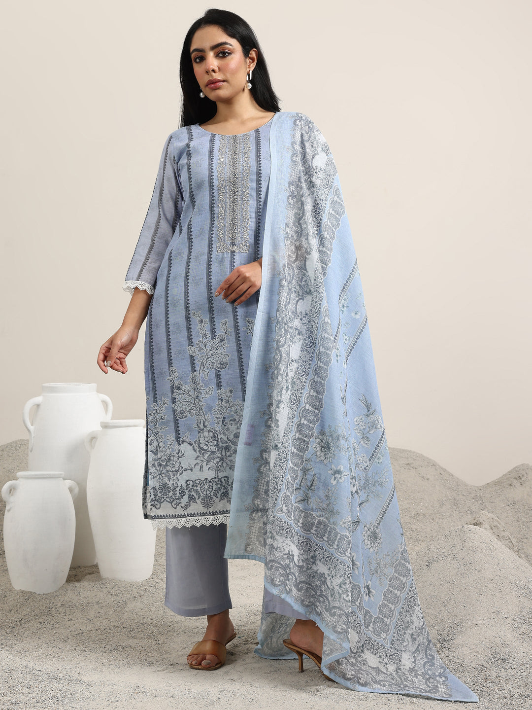  Blue Printed Linen Straight Suit With Dupatta 