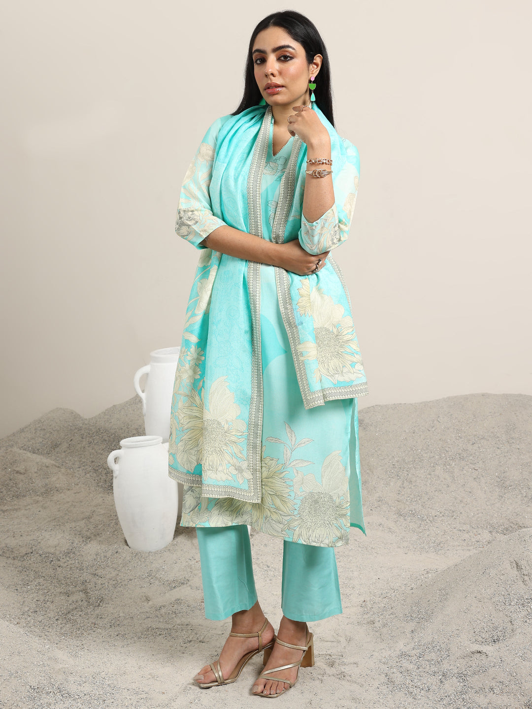  Blue Printed Silk Blend Straight Suit With Dupatta 
