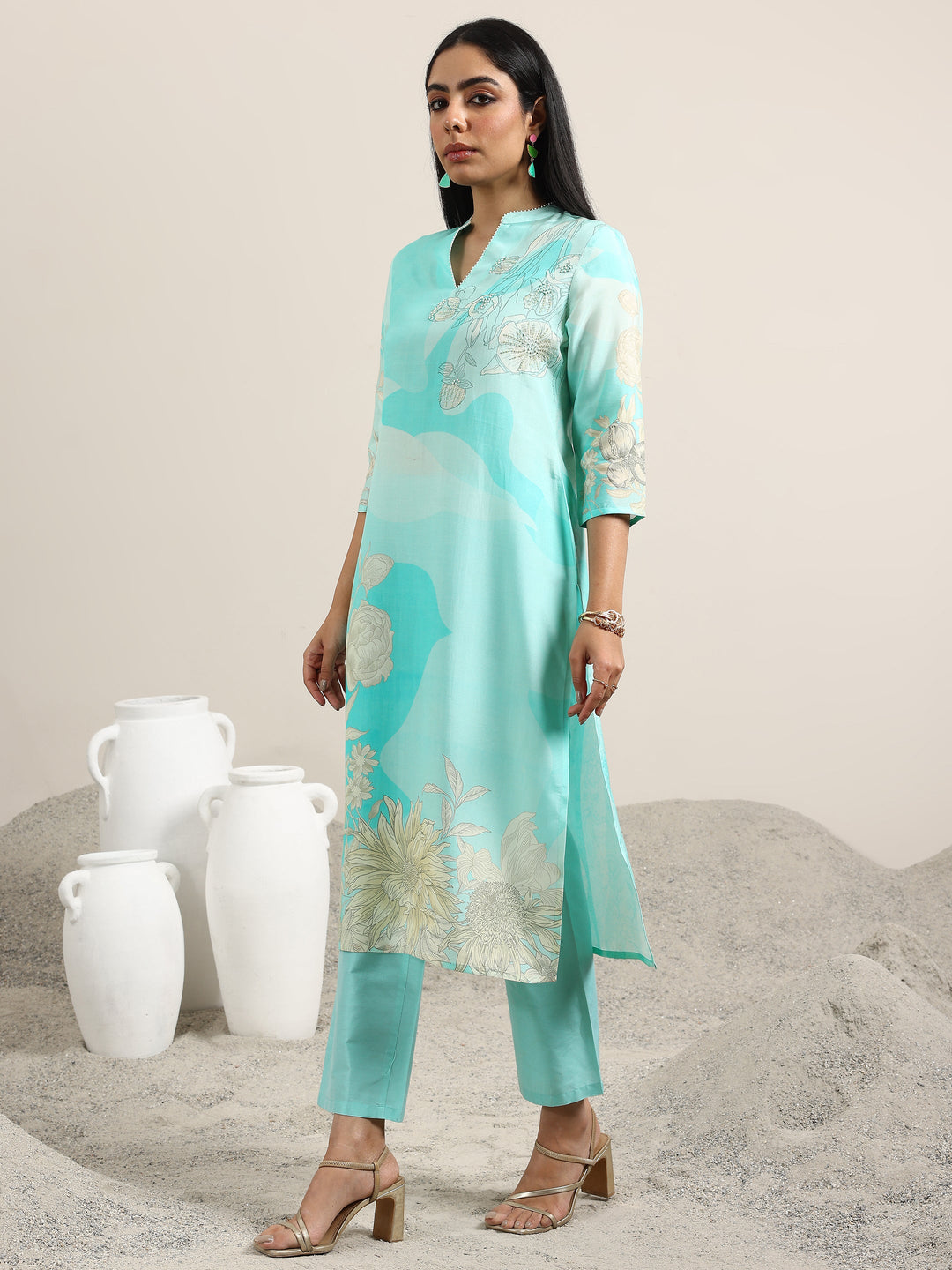  Blue Printed Silk Blend Straight Suit With Dupatta 