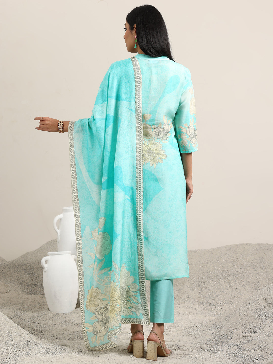  Blue Printed Silk Blend Straight Suit With Dupatta 