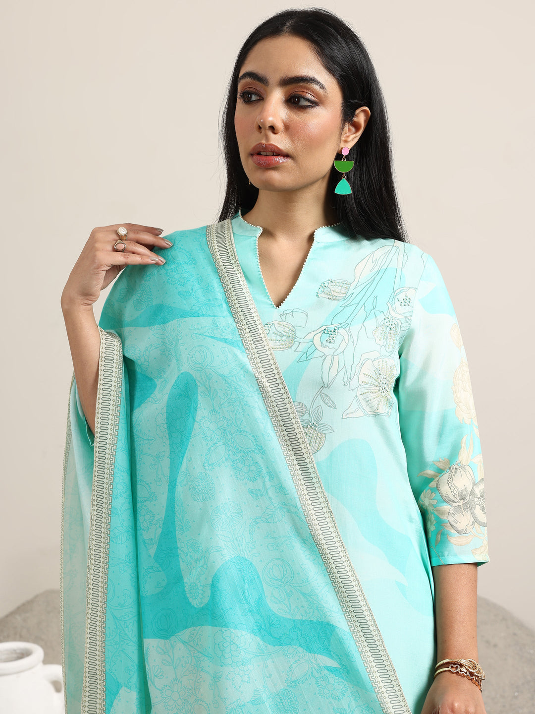  Blue Printed Silk Blend Straight Suit With Dupatta 