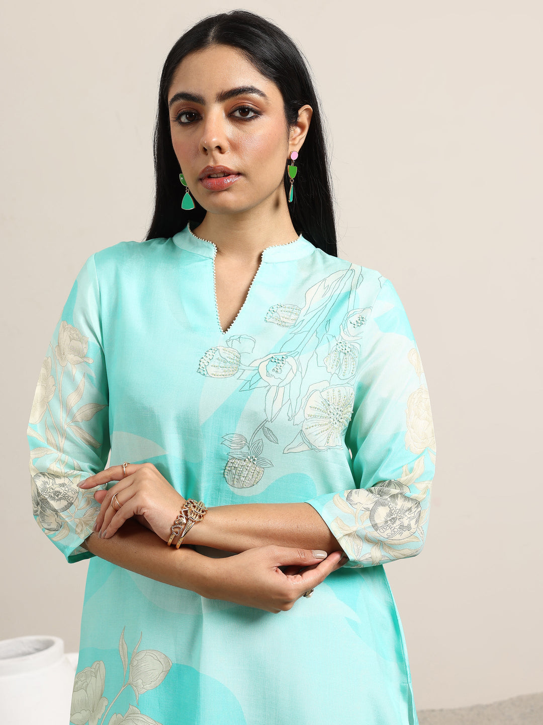  Blue Printed Silk Blend Straight Suit With Dupatta 