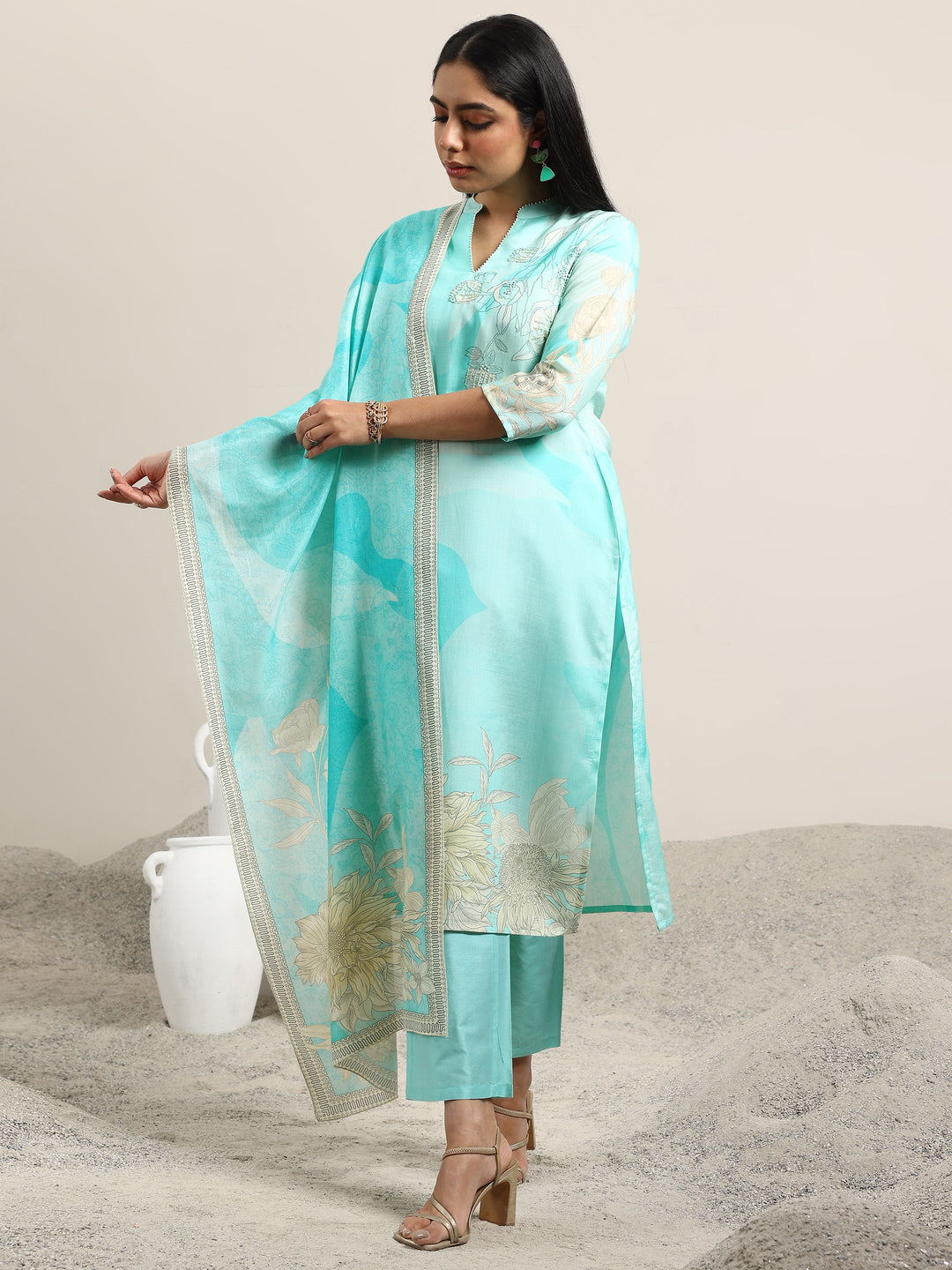  Blue Printed Silk Blend Straight Suit With Dupatta 