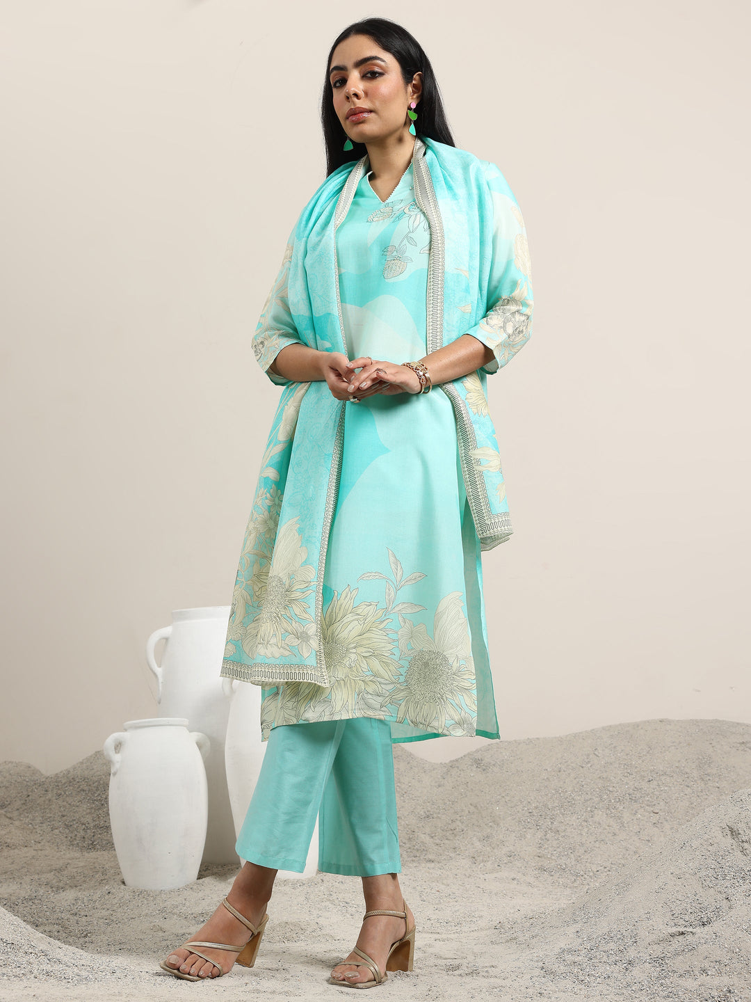  Blue Printed Silk Blend Straight Suit With Dupatta 