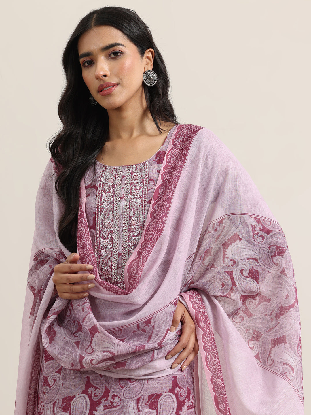  Pink Printed Linen Straight Suit With Dupatta 