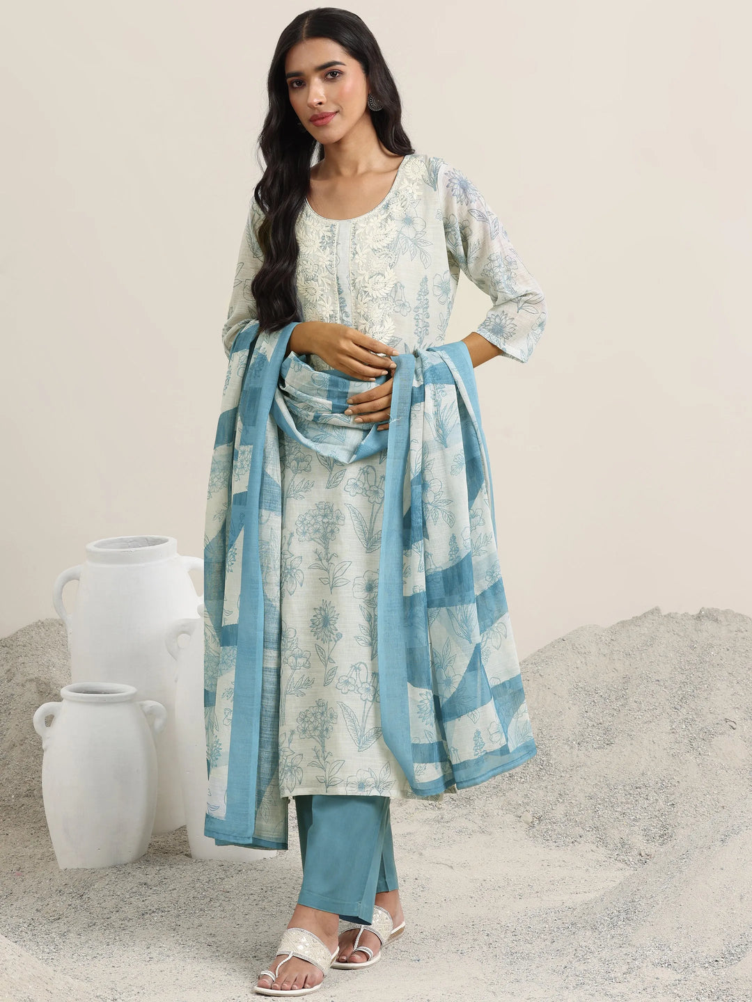  Off White Printed Cotton Straight Suit With Dupatta 