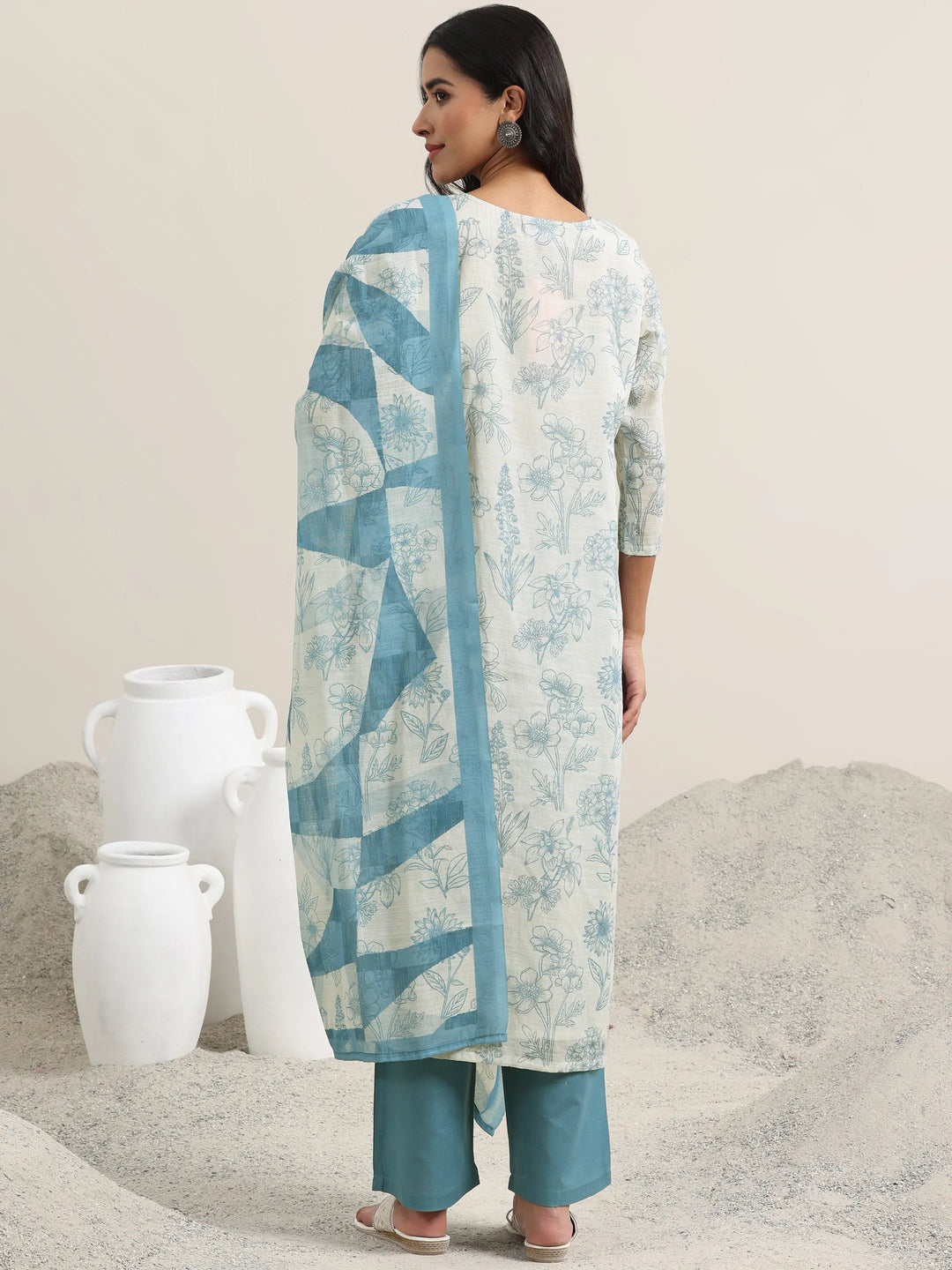  Off White Printed Cotton Straight Suit With Dupatta 