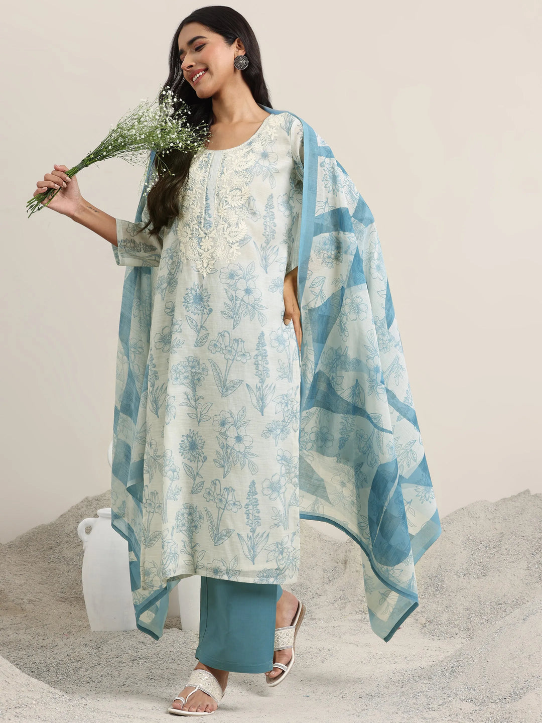  Off White Printed Cotton Straight Suit With Dupatta 