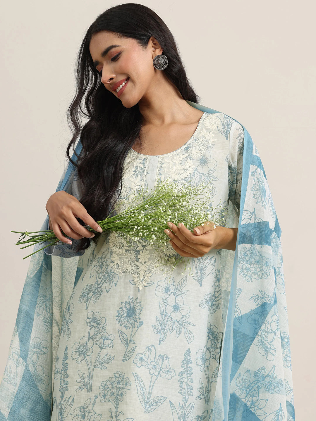  Off White Printed Cotton Straight Suit With Dupatta 