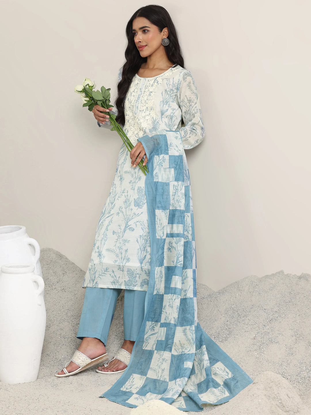  Off White Printed Cotton Straight Suit With Dupatta 