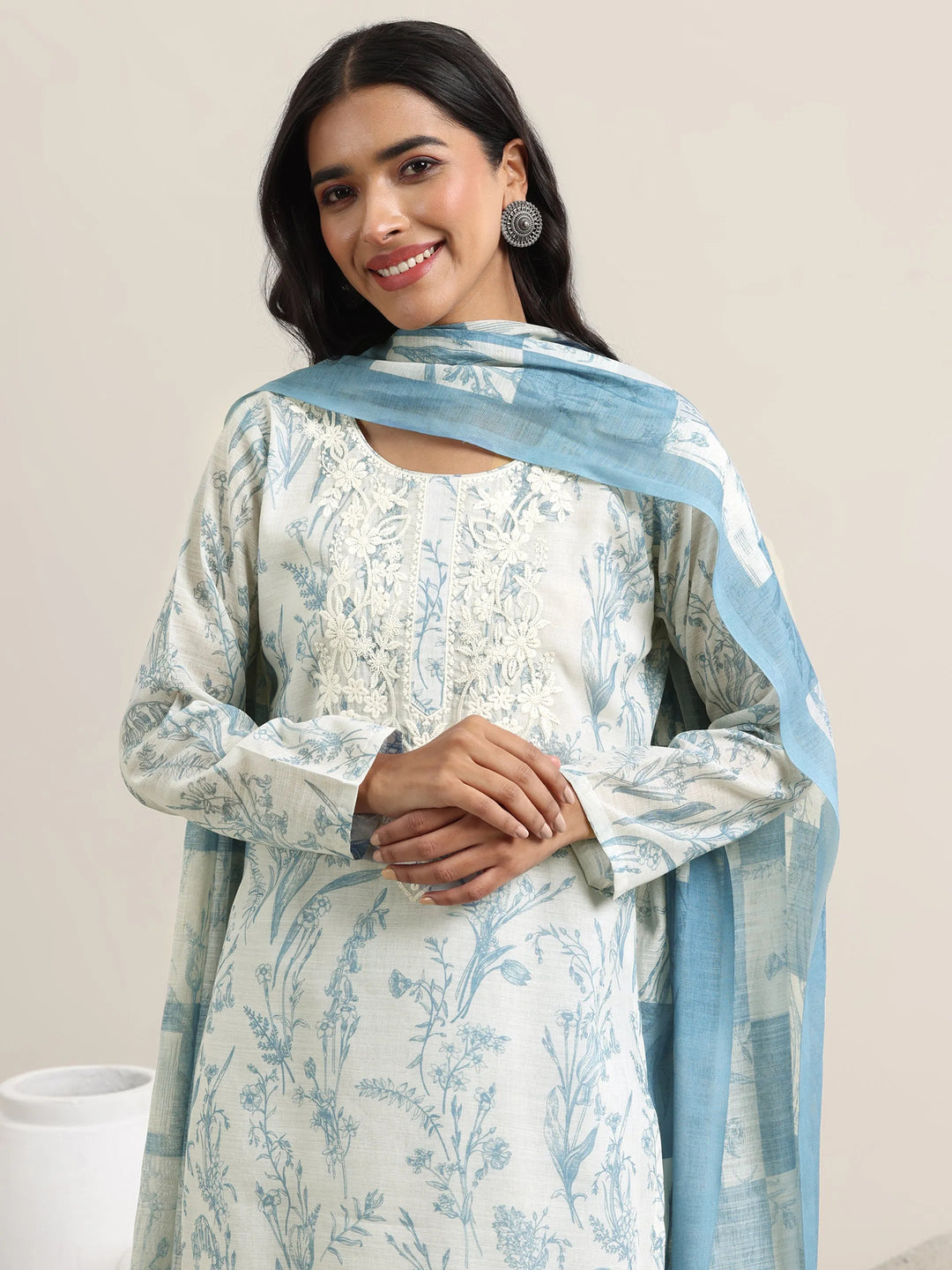  Off White Printed Cotton Straight Suit With Dupatta 