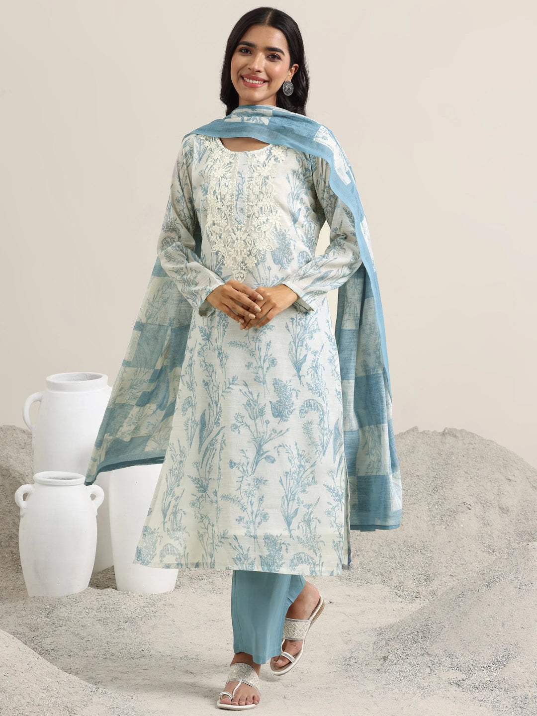  Off White Printed Cotton Straight Suit With Dupatta 