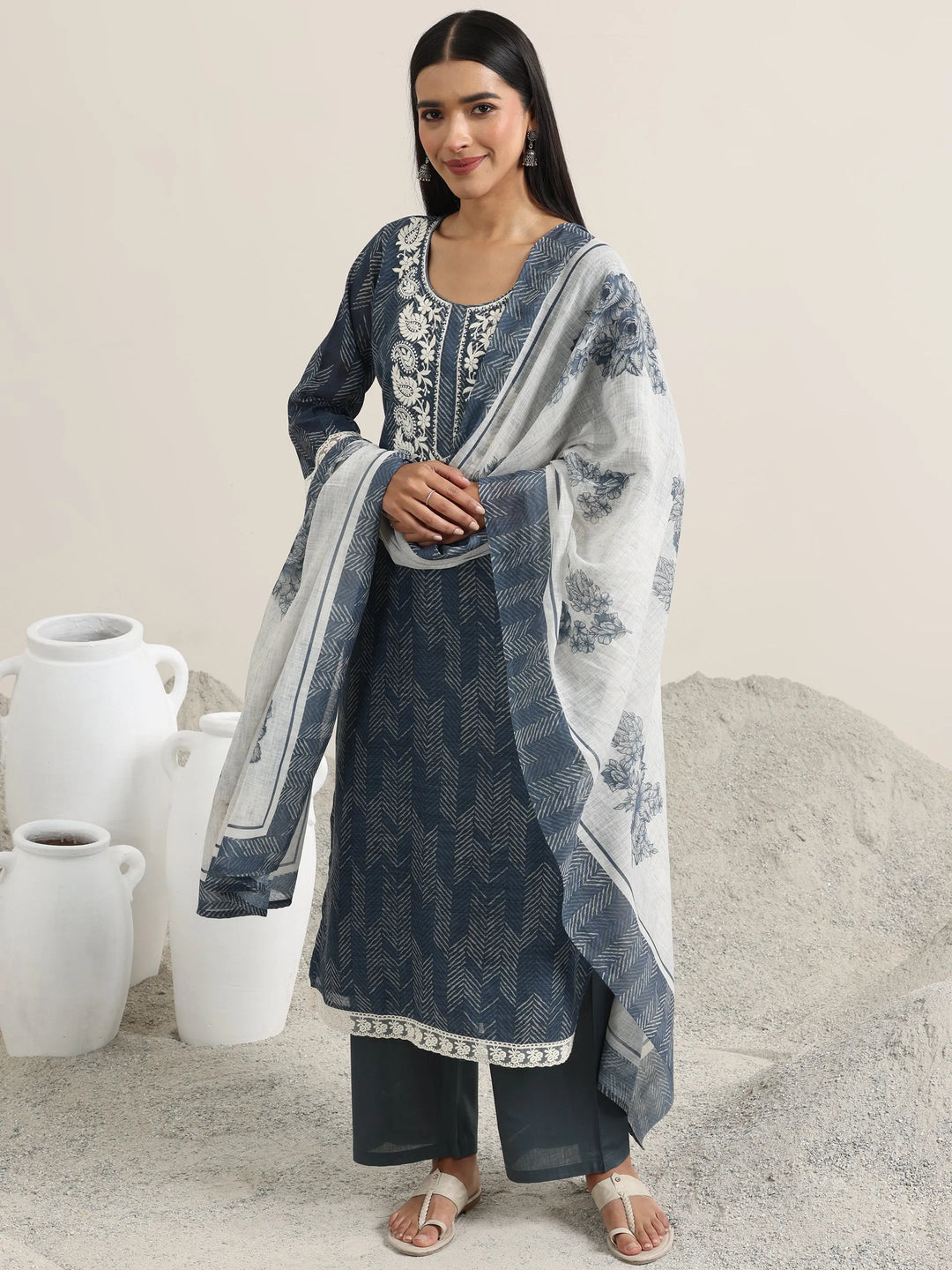  Grey Printed Cotton Straight Suit With Dupatta 