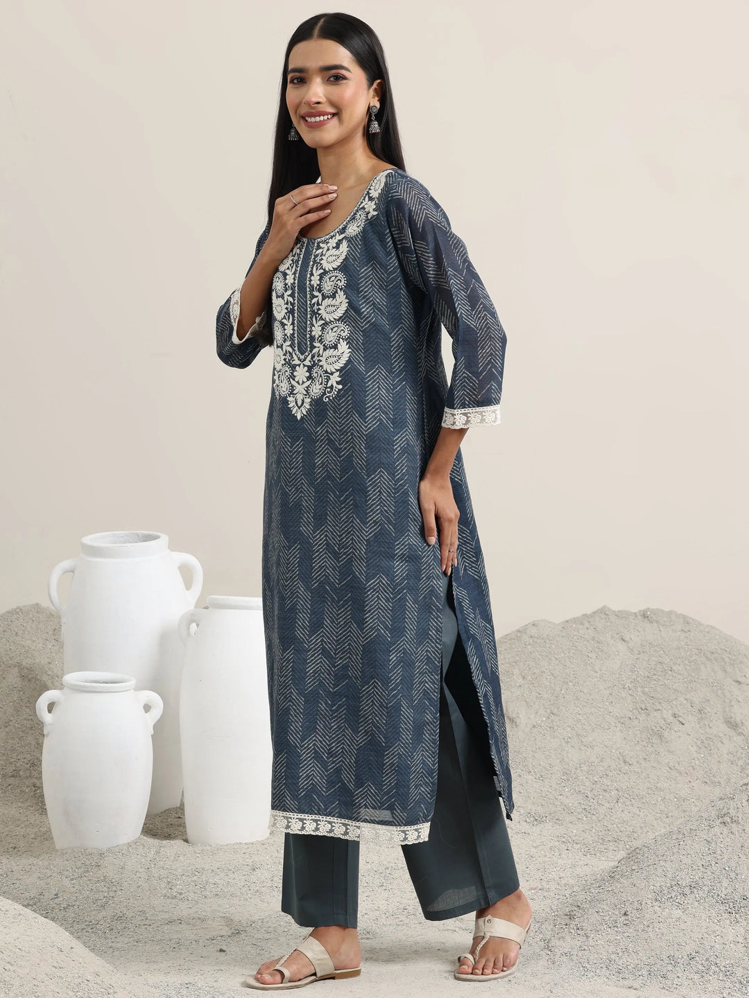  Grey Printed Cotton Straight Suit With Dupatta 