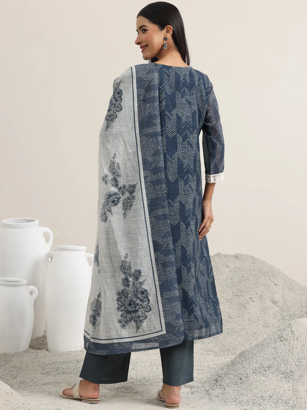  Grey Printed Cotton Straight Suit With Dupatta 