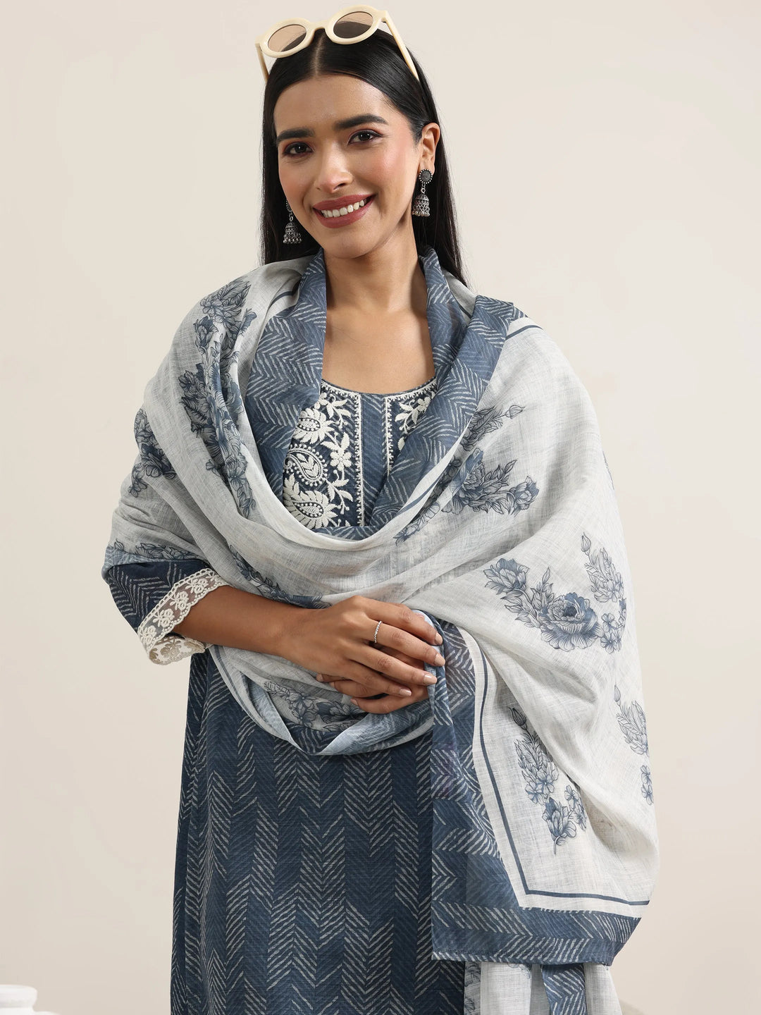  Grey Printed Cotton Straight Suit With Dupatta 