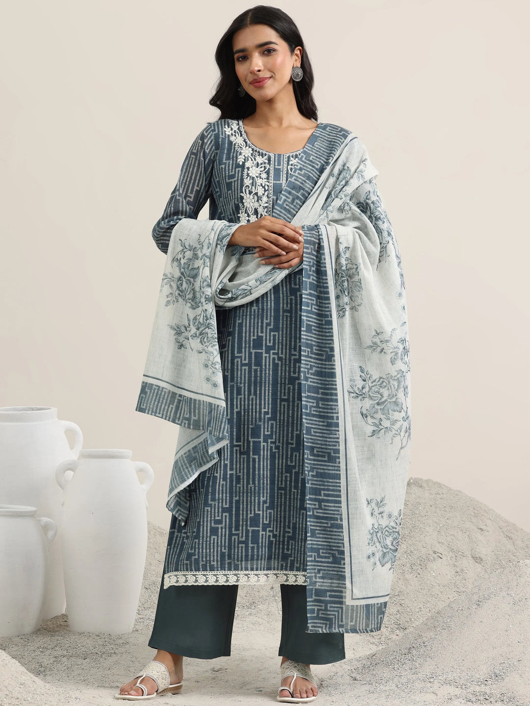  Grey Printed Cotton Straight Suit With Dupatta 