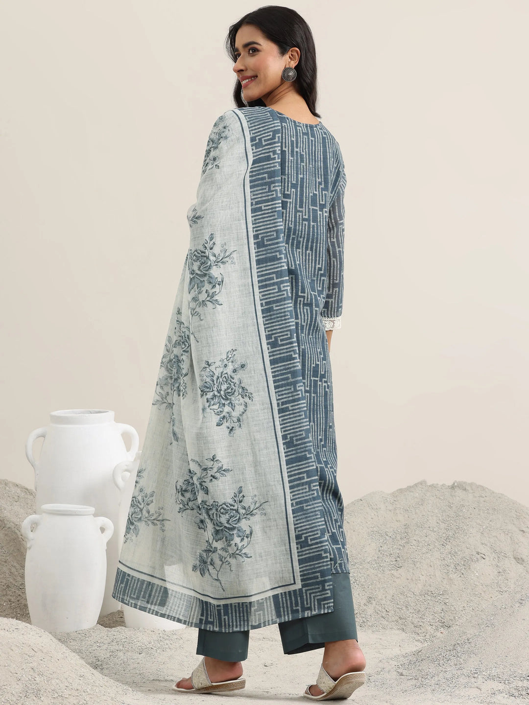  Grey Printed Cotton Straight Suit With Dupatta 
