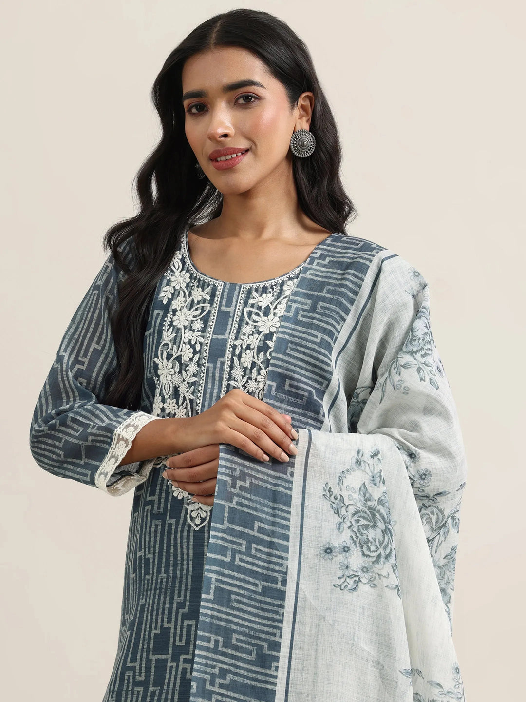  Grey Printed Cotton Straight Suit With Dupatta 