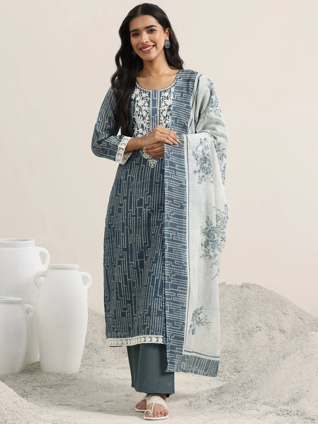  Grey Printed Cotton Straight Suit With Dupatta 