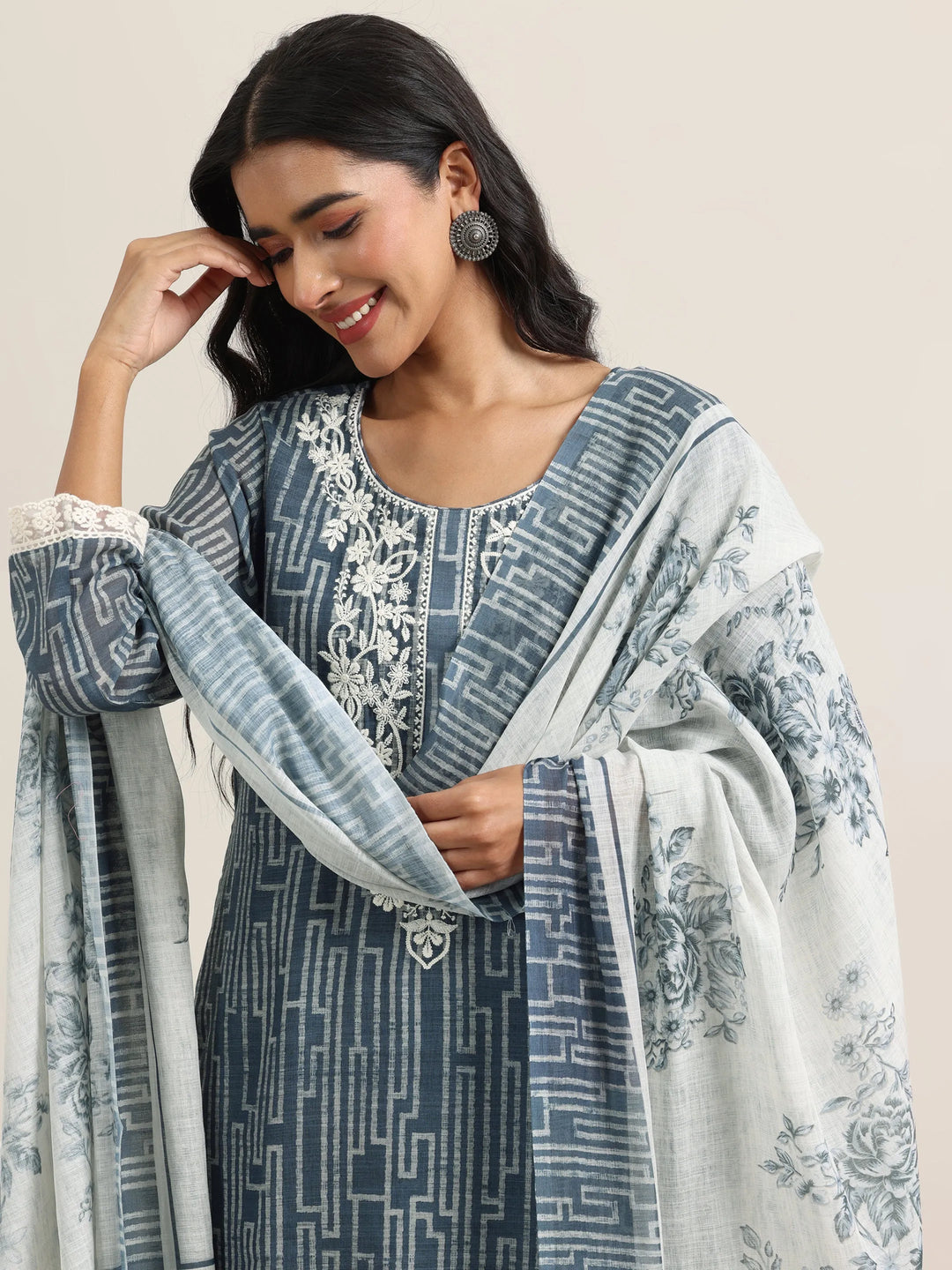  Grey Printed Cotton Straight Suit With Dupatta 