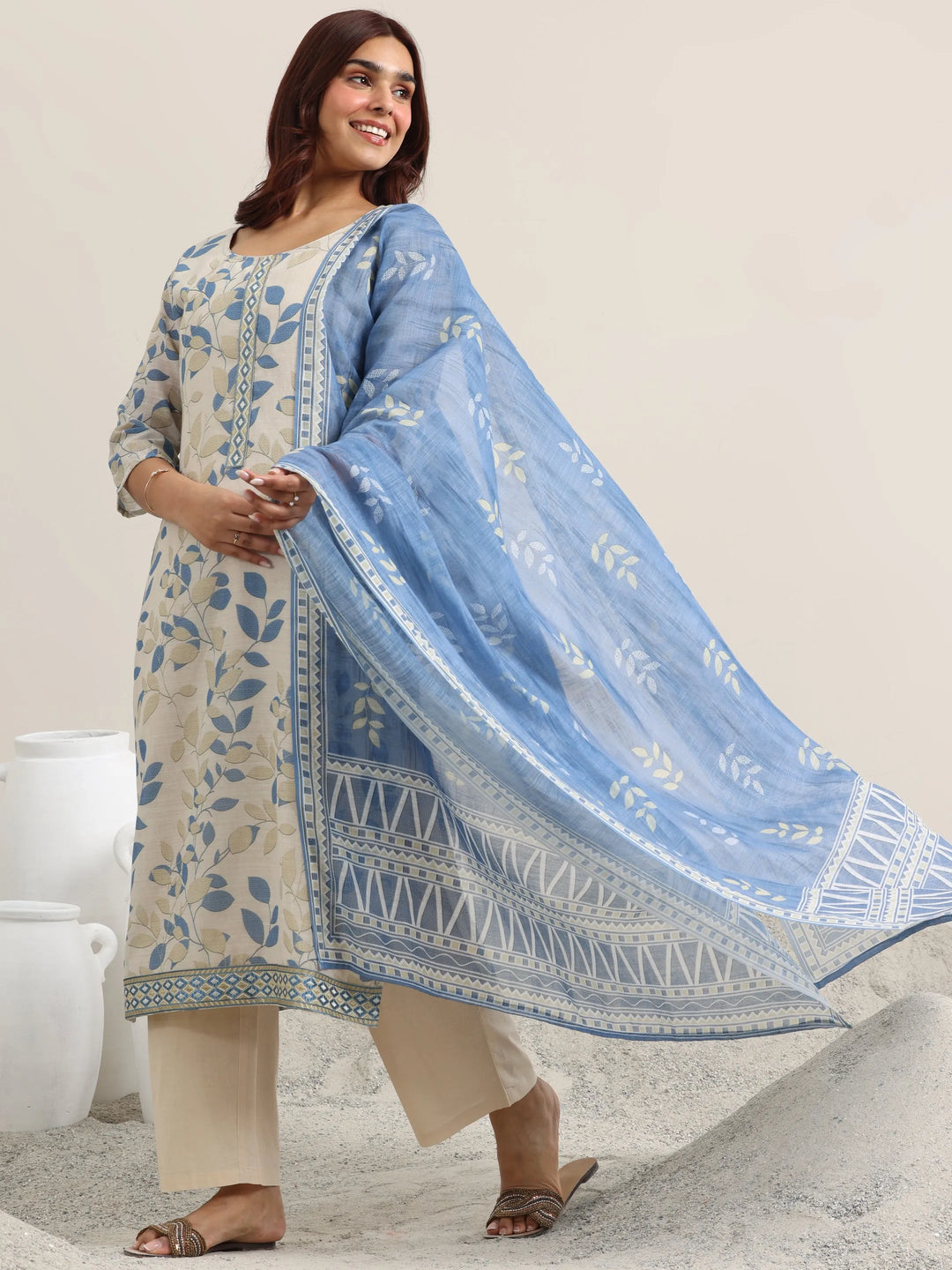  Beige Printed Cotton Straight Suit With Dupatta 