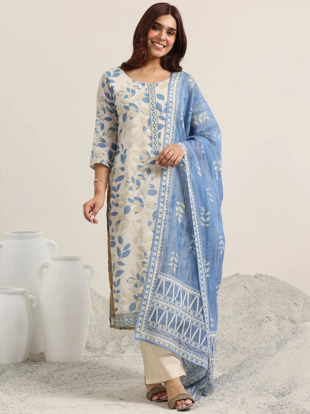  Beige Printed Cotton Straight Suit With Dupatta 