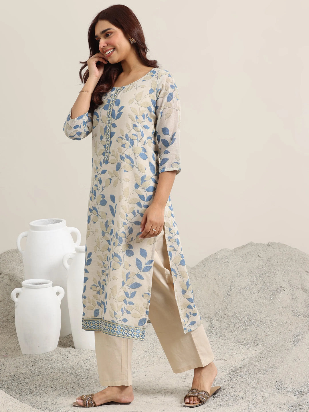  Beige Printed Cotton Straight Suit With Dupatta 