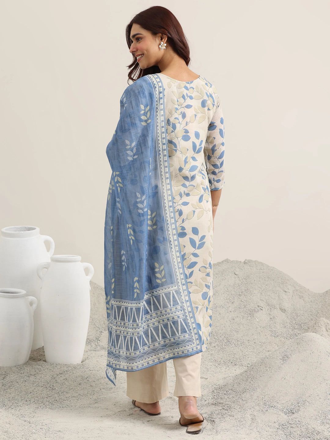  Beige Printed Cotton Straight Suit With Dupatta 