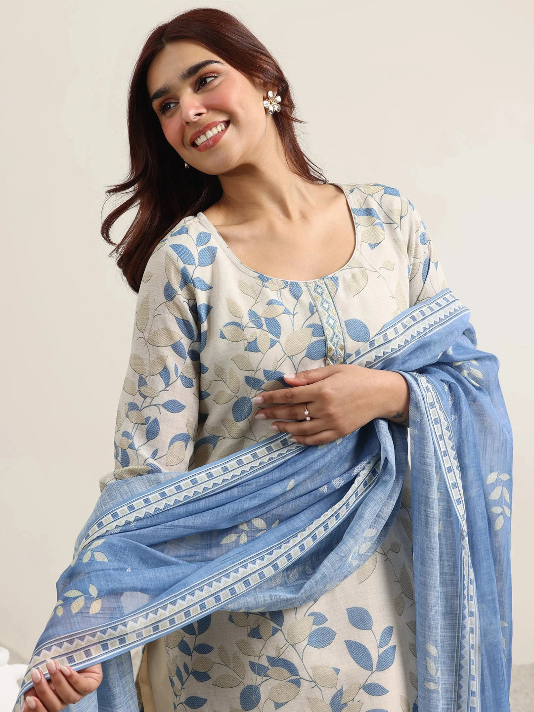  Beige Printed Cotton Straight Suit With Dupatta 