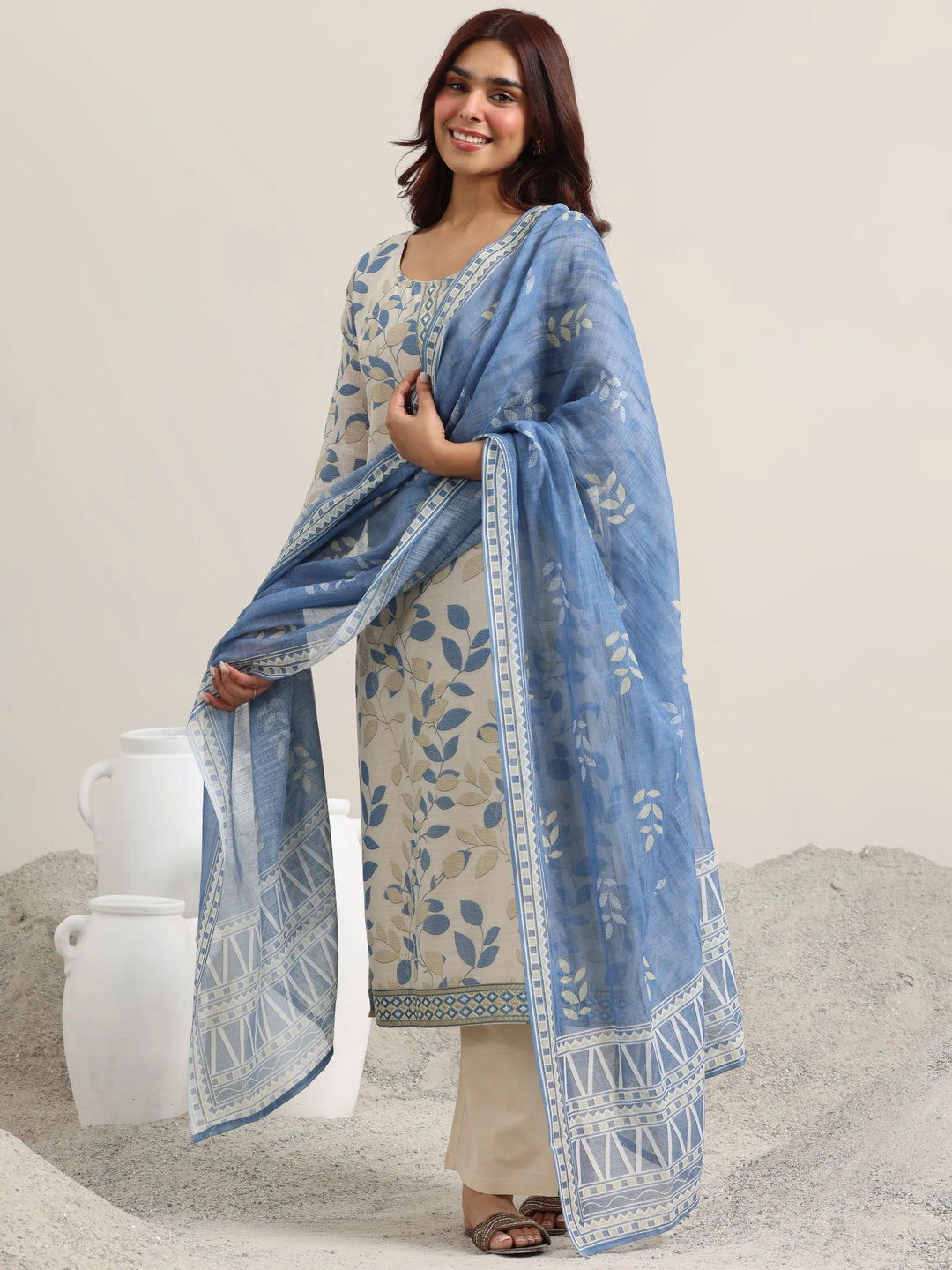  Beige Printed Cotton Straight Suit With Dupatta 