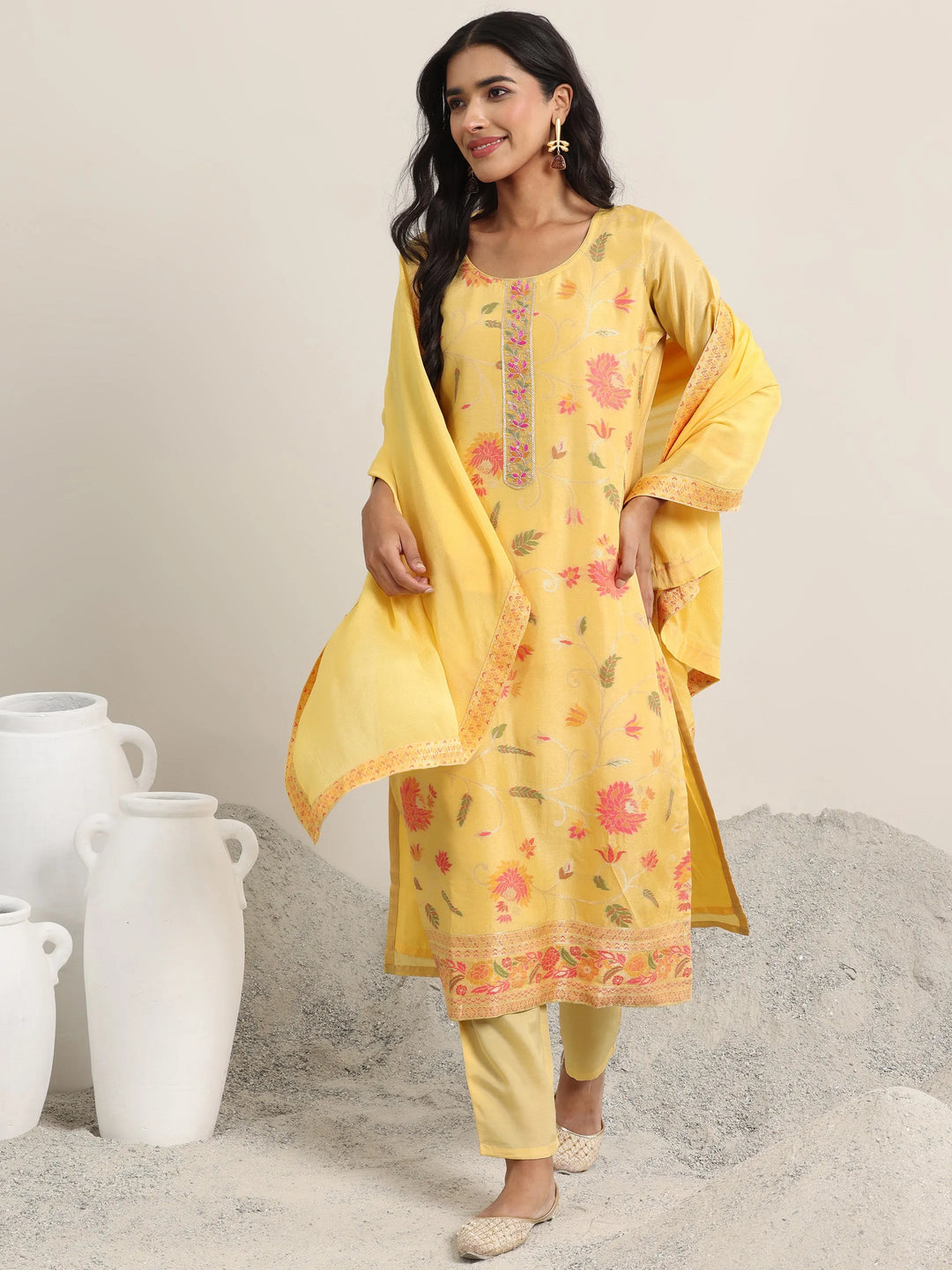  Yellow Woven Design Silk Blend Straight Suit With Dupatta 