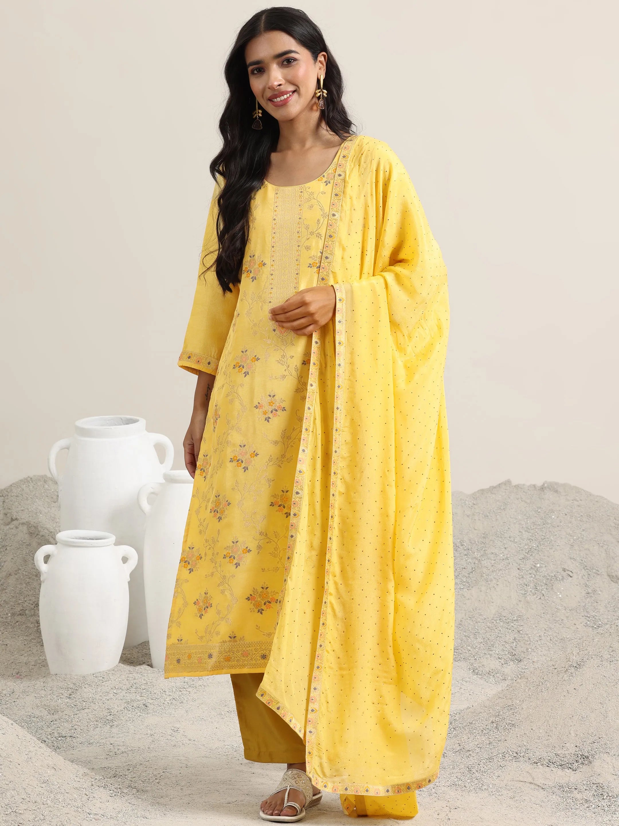 libas Yellow Woven Design Silk Blend Straight Suit With Dupatta-picture-59