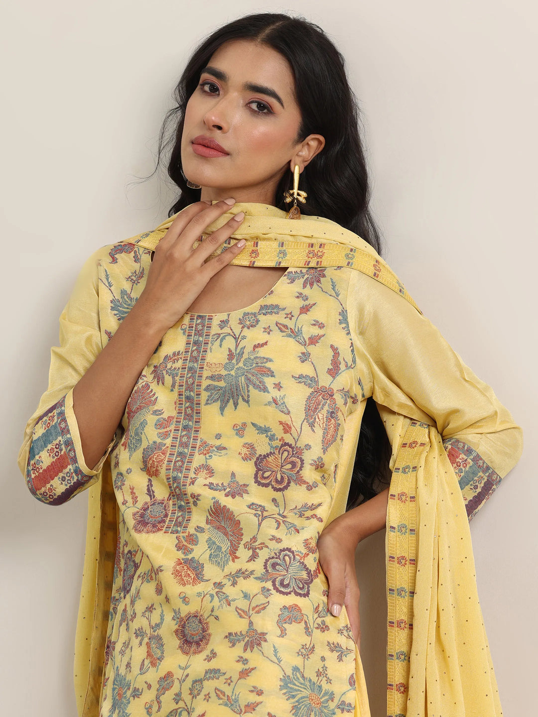  Yellow Woven Design Silk Blend Straight Suit With Dupatta 