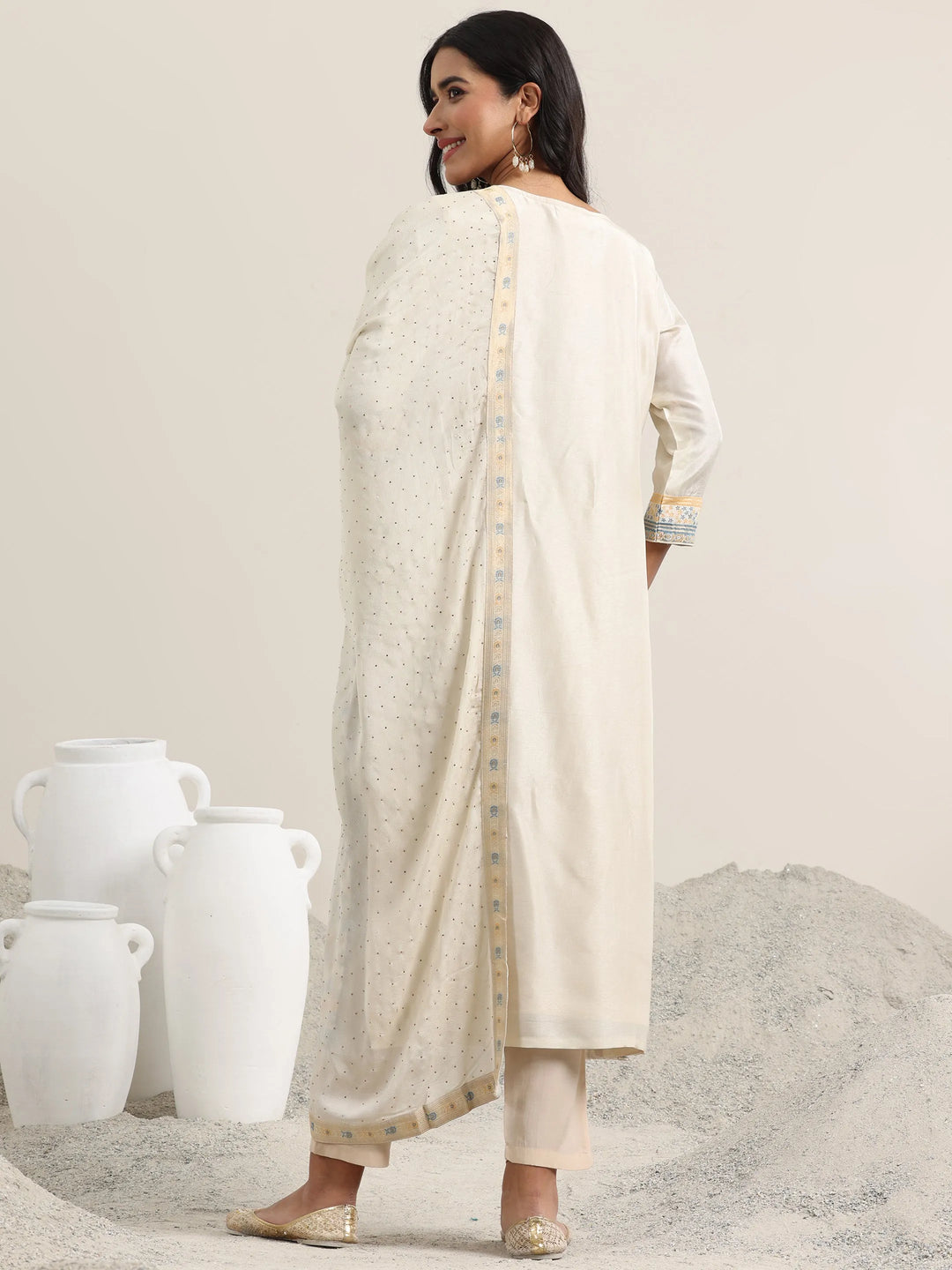  Beige Woven Design Silk Blend Straight Suit With Dupatta 