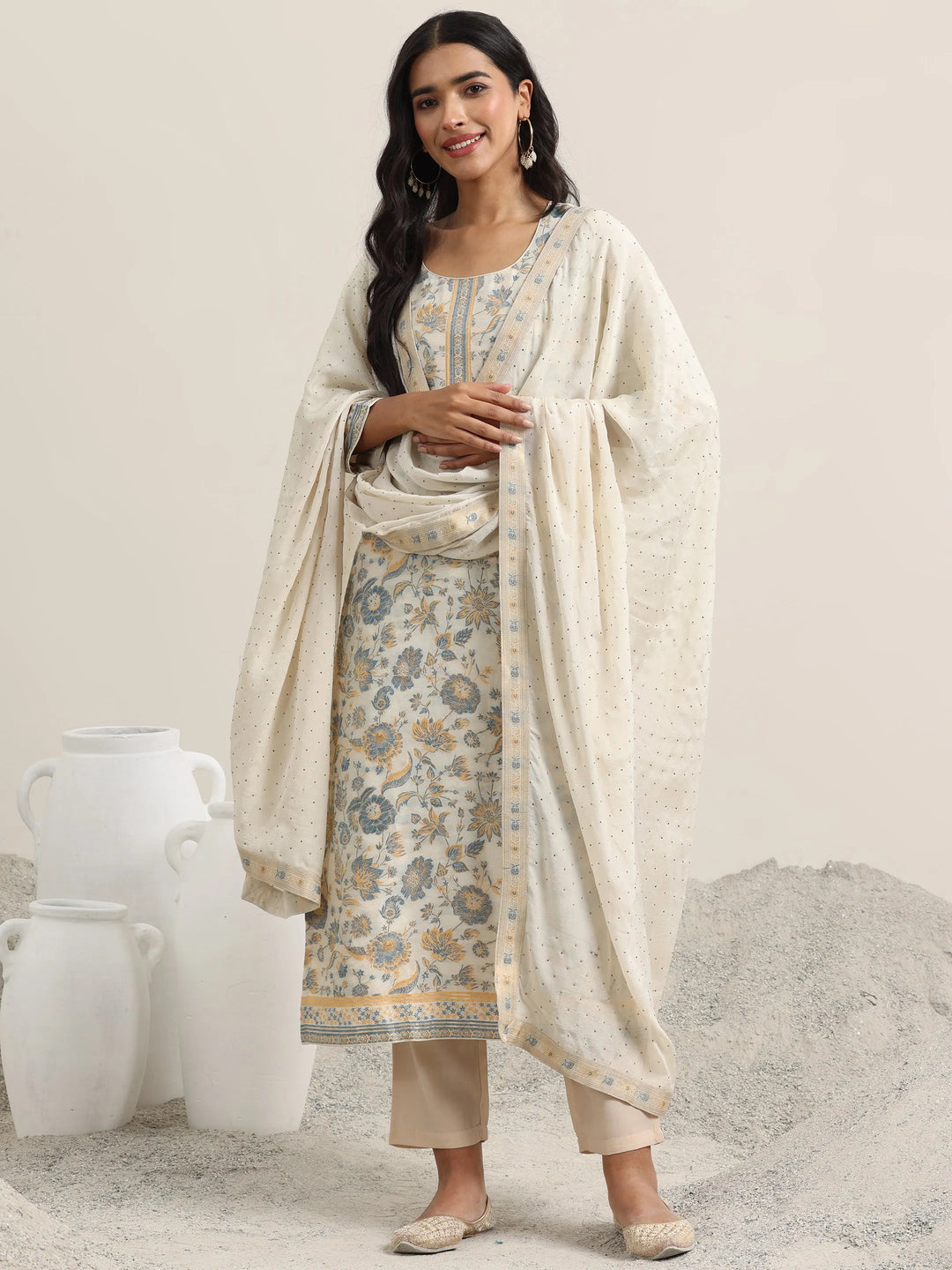  Beige Woven Design Silk Blend Straight Suit With Dupatta 