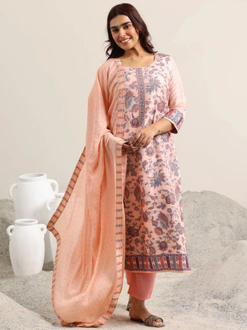 Peach Woven Design Silk Blend Straight Suit With Dupatta