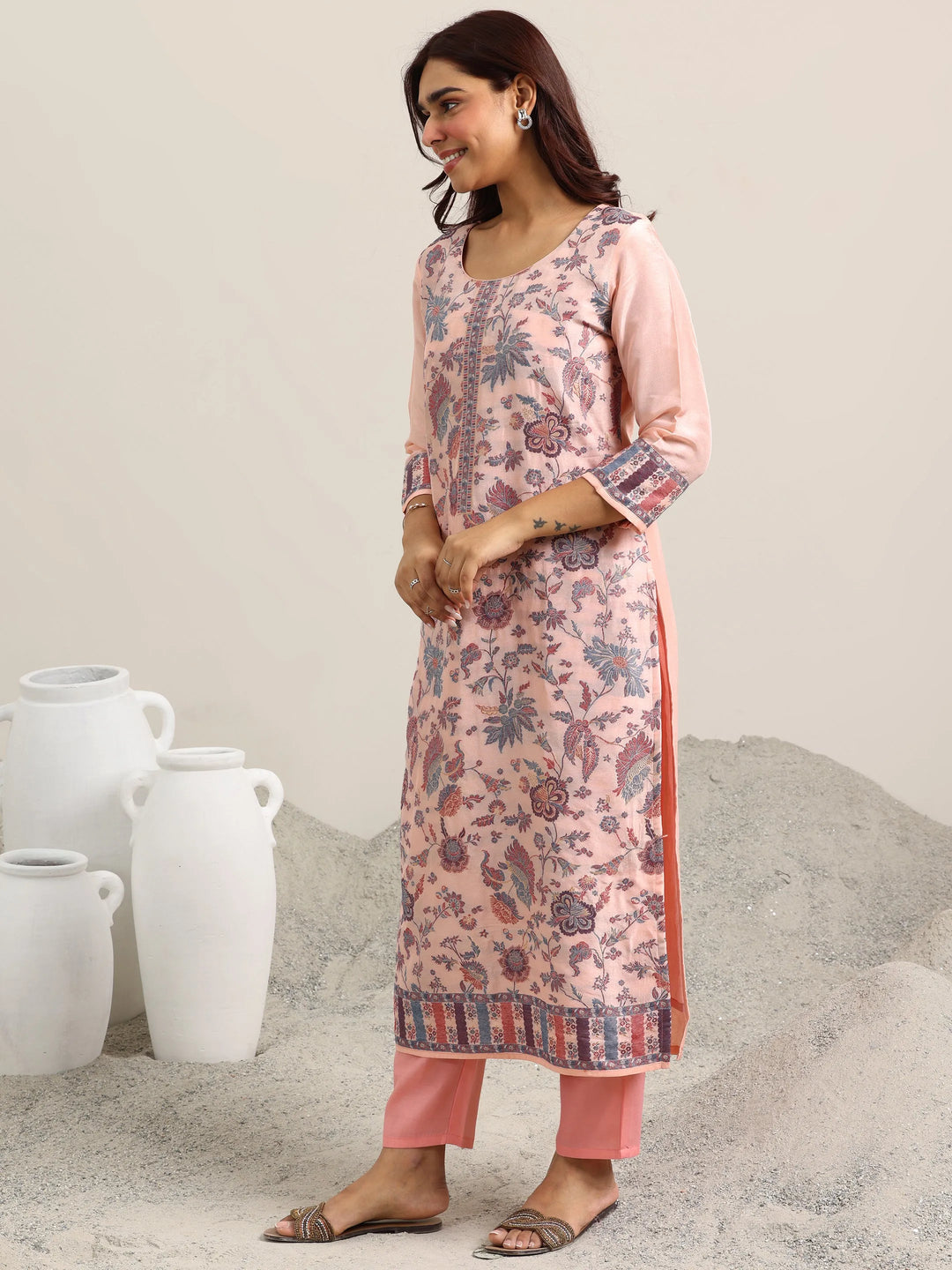  Peach Woven Design Silk Blend Straight Suit With Dupatta 